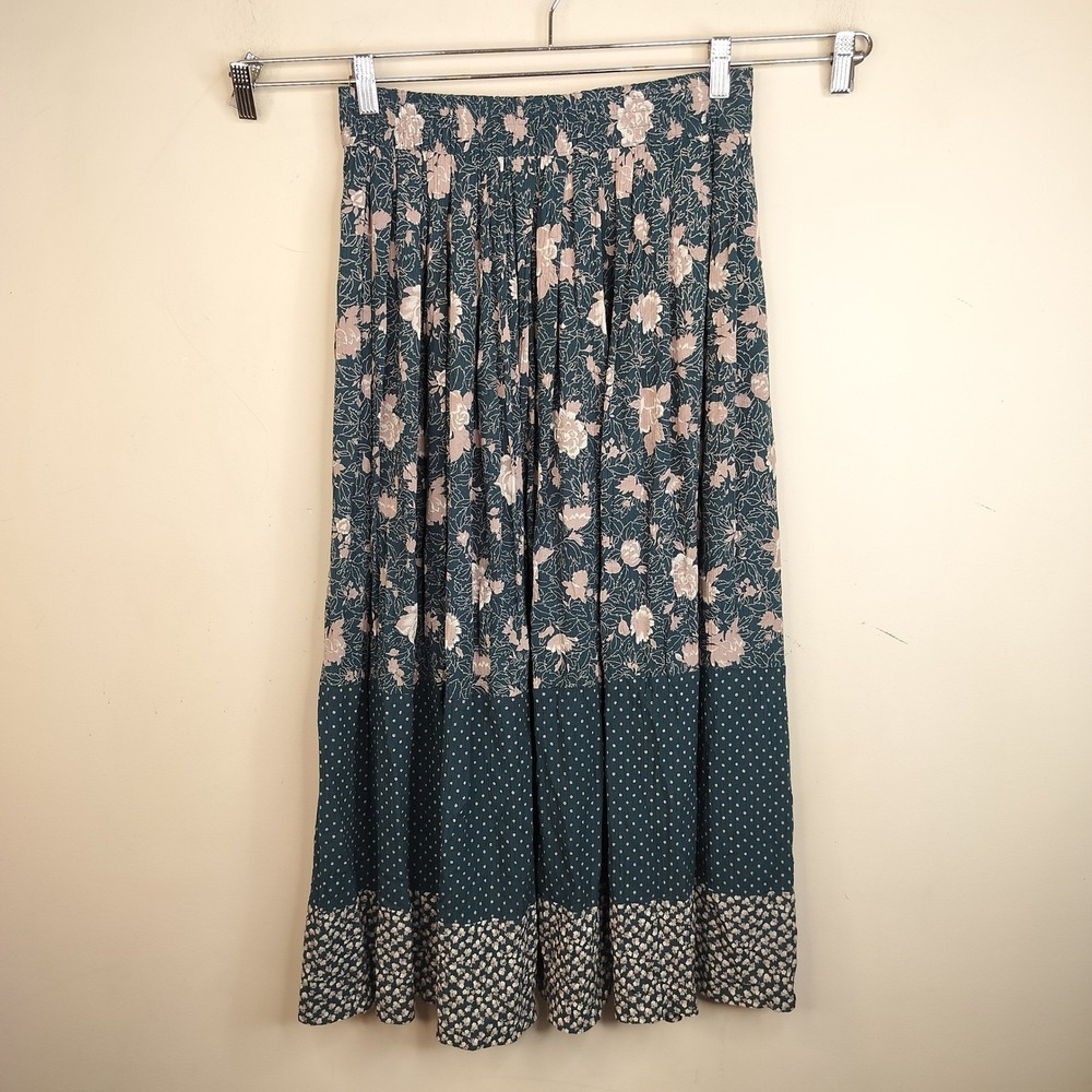 Carole Little Vtg Maxi Skirt Floral Dainty Cottage Boho Teal Prairie
